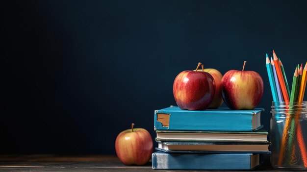 Pila de libros y lápices en la mesa de la escuela IA generativa