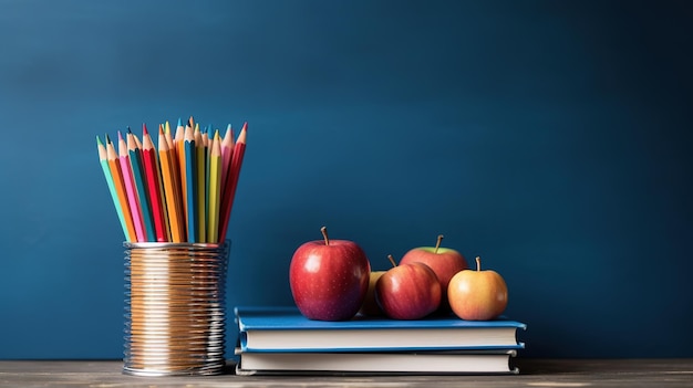 Pila de libros y lápices en la mesa de la escuela IA generativa