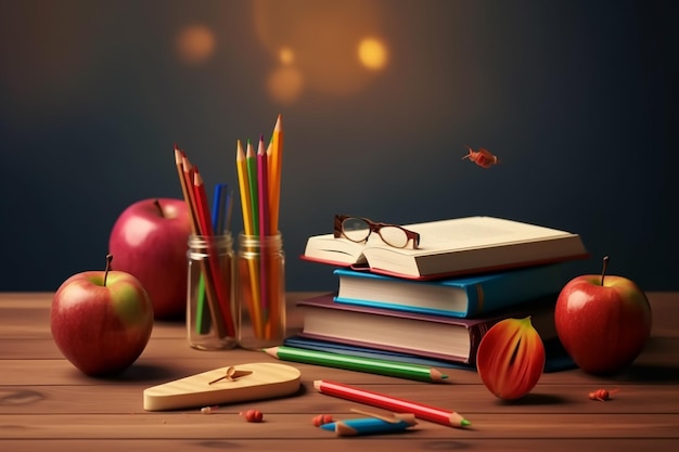 Una pila de libros y lápices sobre una mesa de madera con una manzana roja y un tarro de cristal de manzana