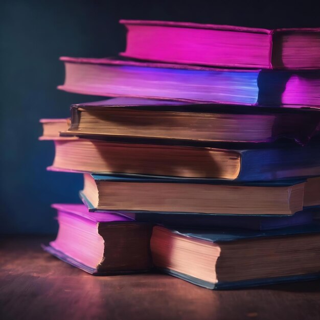 Pila de libros en luz rosa y azul sobre un fondo oscuro