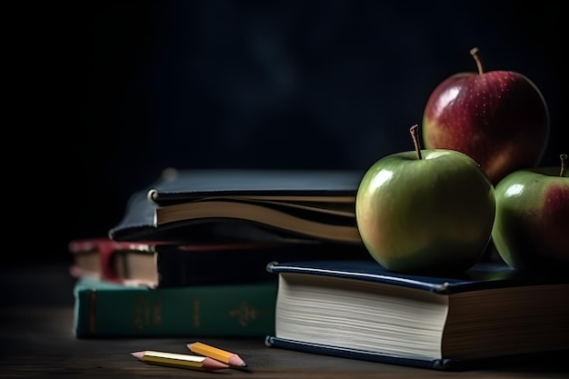 Una pila de libros y una manzana en la mesa.