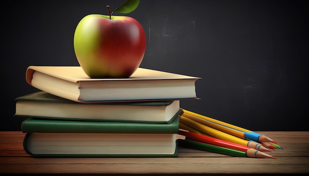 Una pila de libros con una manzana roja encima.