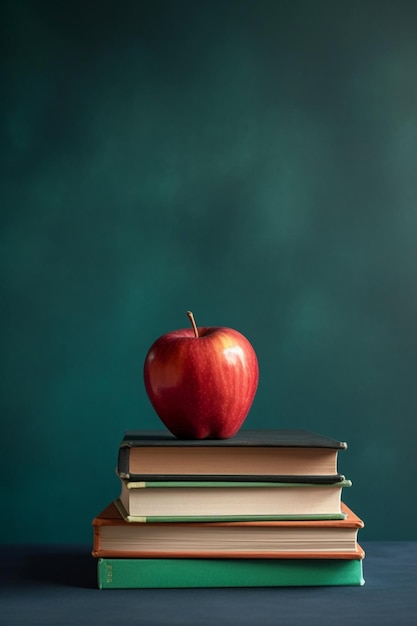 Una pila de libros con una manzana roja encima.