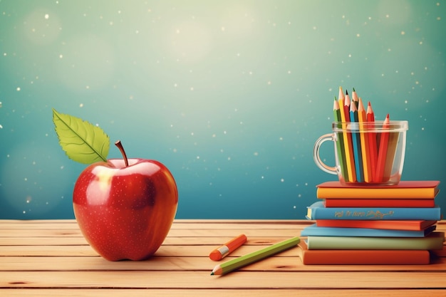 Una pila de libros y una manzana roja sobre una mesa de madera con un fondo azul.