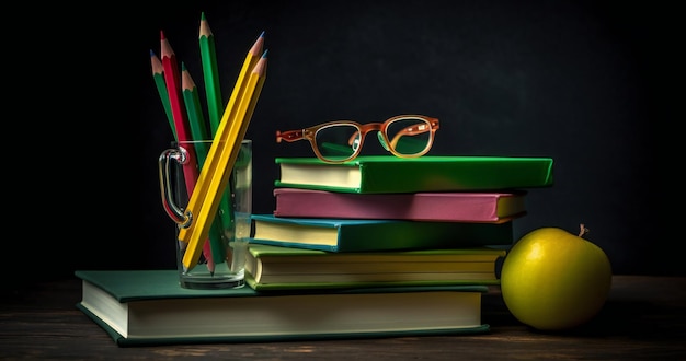 Una pila de libros con una manzana verde al fondo.