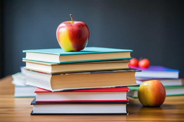 Una pila de libros y una manzana.