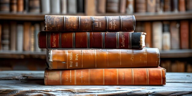 Una pila de libros en la mesa con espacio vacío para el Día Mundial del Derecho de Autor del Libro Concepto Día Mundial del derecho de autor del libro Establecimiento de la mesa Decoración del libro Celebración de lectura Fotografía creativa