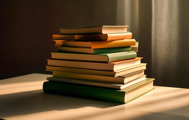 una pila de libros en una mesa con un fondo blanco