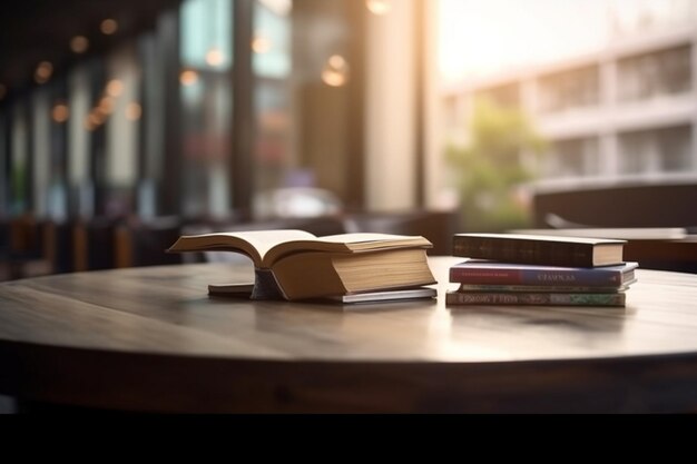 Una pila de libros en una mesa con un libro en ella.