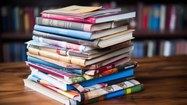 Foto una pila de libros en una mesa de madera en una biblioteca