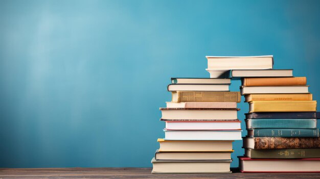 Una pila de libros en una mesa de madera y un fondo azul con espacio para copiar