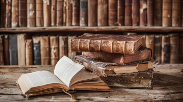 Una pila de libros en una mesa de madera