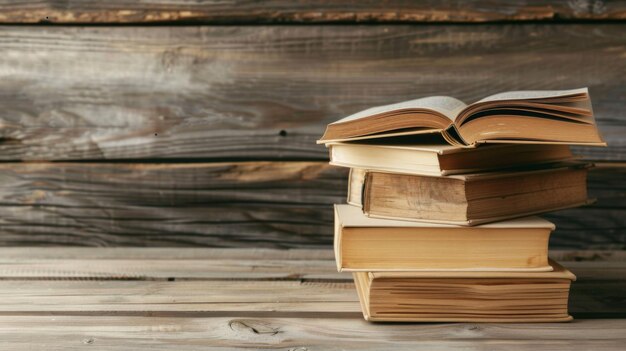 Una pila de libros en una mesa de madera