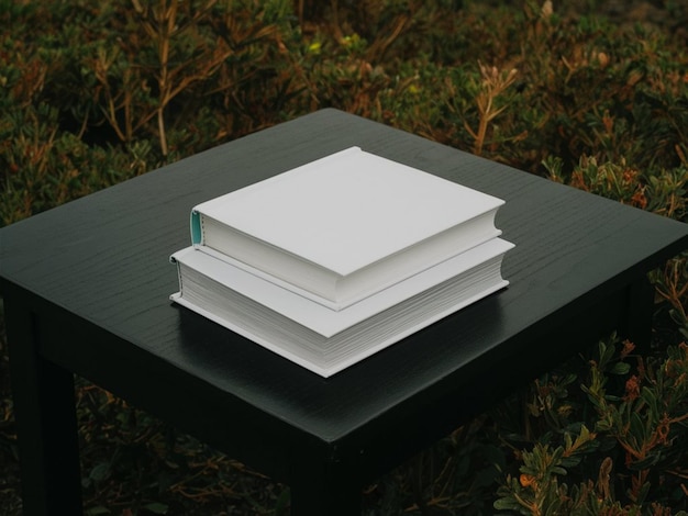 Foto una pila de libros en una mesa con una pieza blanca de papel en la parte superior