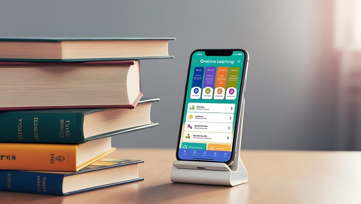Foto una pila de libros en la mesa con un teléfono inteligente que muestra la plataforma de aprendizaje en línea