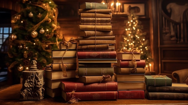 Una pila de libros navideños junto al fuego