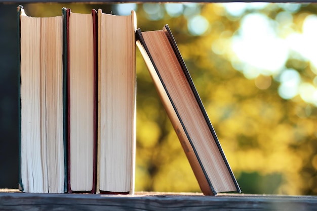 Pila de libros de otoño de madera al aire libre