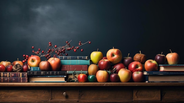 pila de libros, papelería y manzanas en una mesa de madera con un fondo minimalista