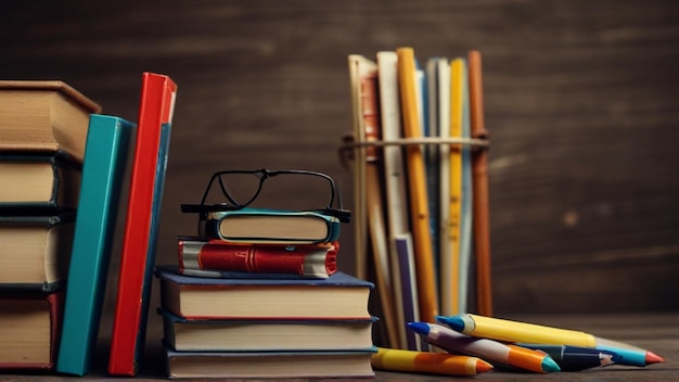 una pila de libros con un par de gafas a su lado