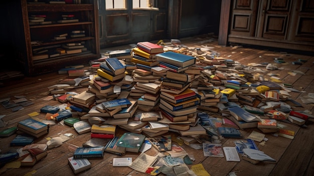 Una pila de libros en el piso de una casa abandonada