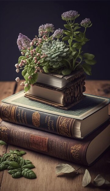 Una pila de libros con una planta en el medio y una planta en el medio.