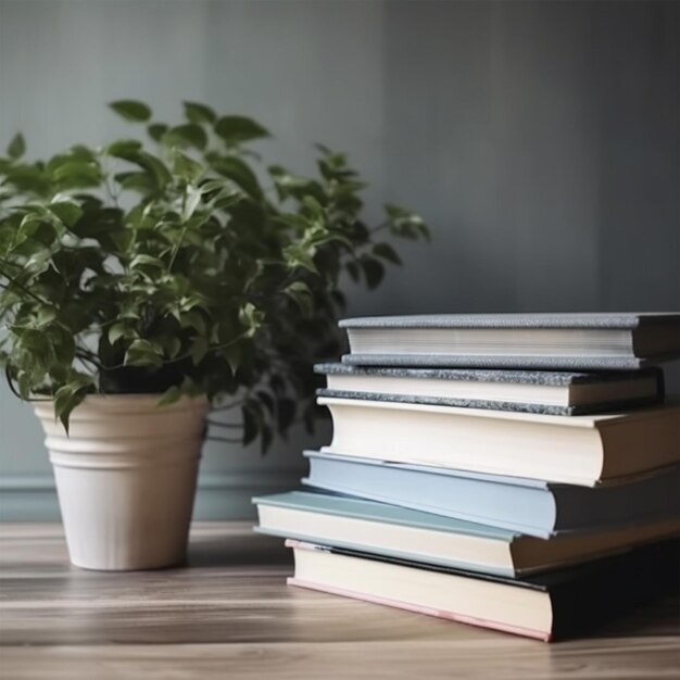 Foto una pila de libros y una planta en el suelo de la habitación.