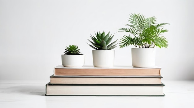 Una pila de libros con plantas