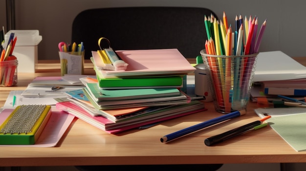 Una pila de libros sobre un escritorio con una taza de lápices encima