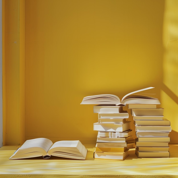 Una pila de libros sobre fondo amarillo Concepto de educación