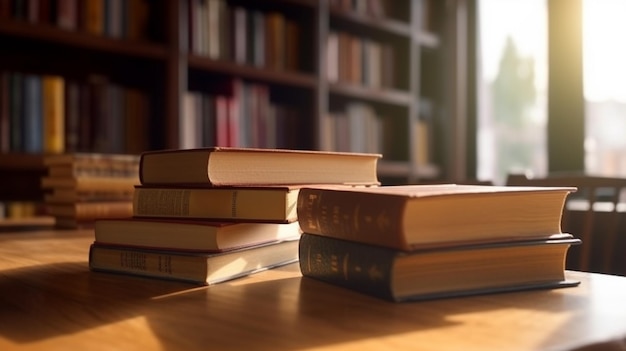 Una pila de libros sobre una mesa con un libro al fondo.