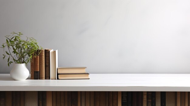 Pila de libros sobre mesa de madera y estantería borrosa en la sala de la biblioteca educación regreso a la escuela IA generativa