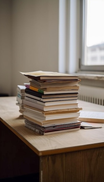 Una pila de libros sobre una mesa con uno que dice "libros".