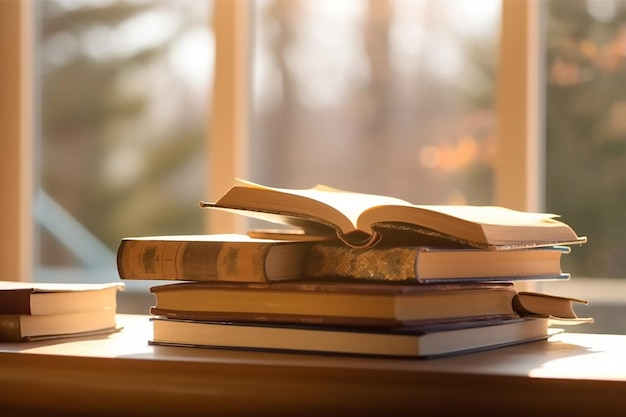 Pila de libros sobre una mesa con una ventana al fondo