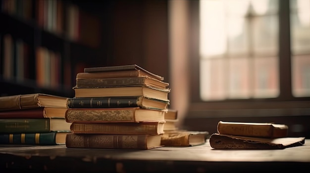 Una pila de libros sobre una mesa con una ventana detrás de ellos