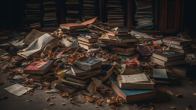 Foto una pila de libros en el suelo de una biblioteca.