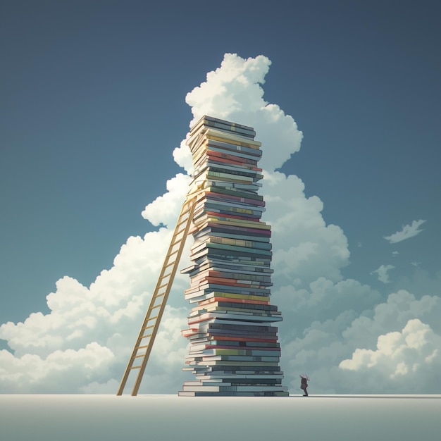 Una pila de libros surrealista y una escalera que alcanza los cielos nublados para las redes sociales