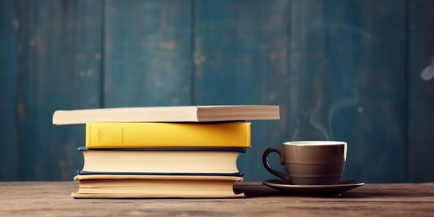 Una pila de libros con una taza de café sobre la mesa