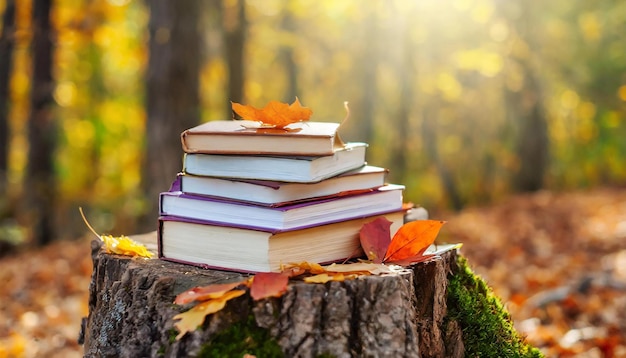 Una pila de libros en un tronco en el bosque Fondo natural de otoño Concepto de educación