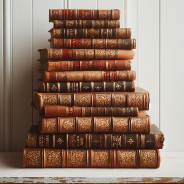 una pila de libros viejos en el día de los libros en la mesa de madera blanca