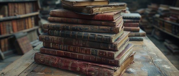 Una pila de libros viejos en una mesa de madera en una biblioteca