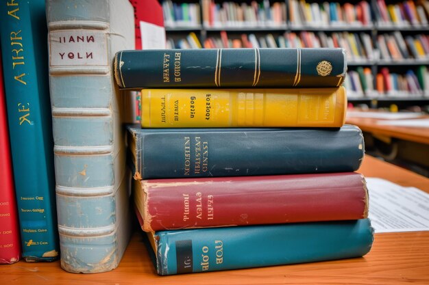 Foto una pila de libros viejos en una mesa de madera en una biblioteca