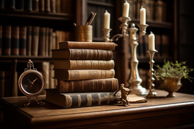 Una pila de libros viejos en una mesa de madera contra una estantería en la biblioteca IA generativa