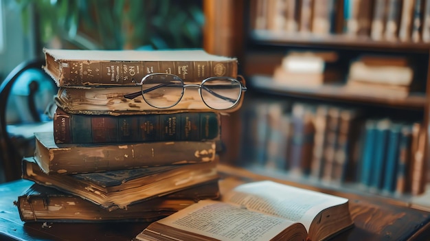 Una pila de libros viejos con un par de gafas de lectura en la parte superior Los libros están dispuestos en una pila ordenada en una mesa de madera