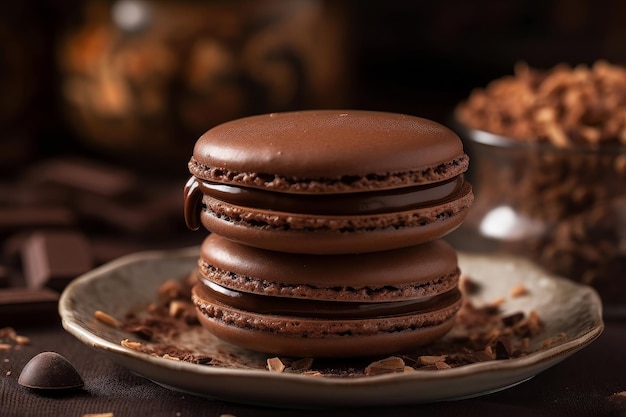 Una pila de macarons de chocolate en un plato con un plato de nueces en el fondo.