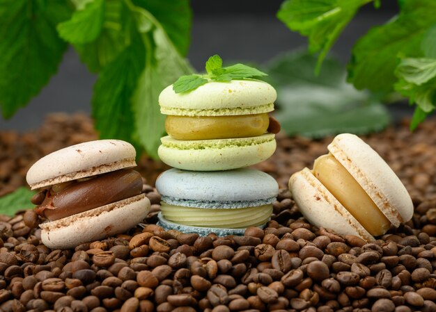 Pila de macarons multicolores se encuentra en granos de café tostados, detrás de ramitas verdes de menta, postre delicioso y delicioso