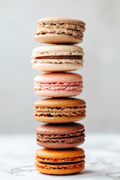 Foto una pila de macarrones coloridos en un fondo de mármol