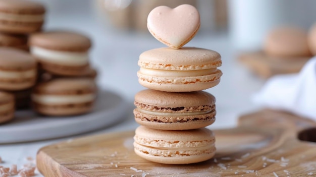 Una pila de macarrones con un macarrón en forma de corazón en la parte superior