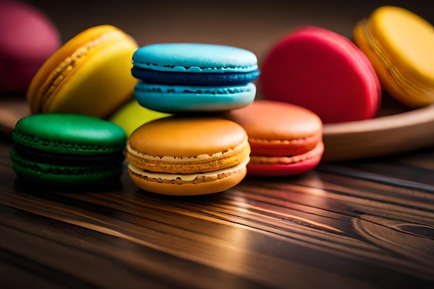 Una pila de macarrones con un plato en forma de corazón sobre la mesa