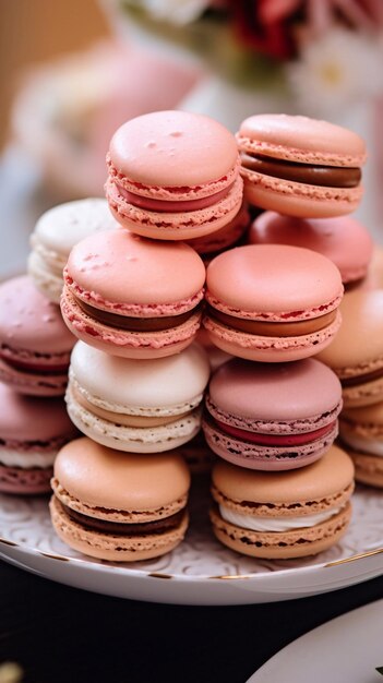 una pila de macarrones rosados y blancos con glaseado rosa y blanco