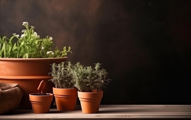 Una pila de macetas de terracota con plantas encima